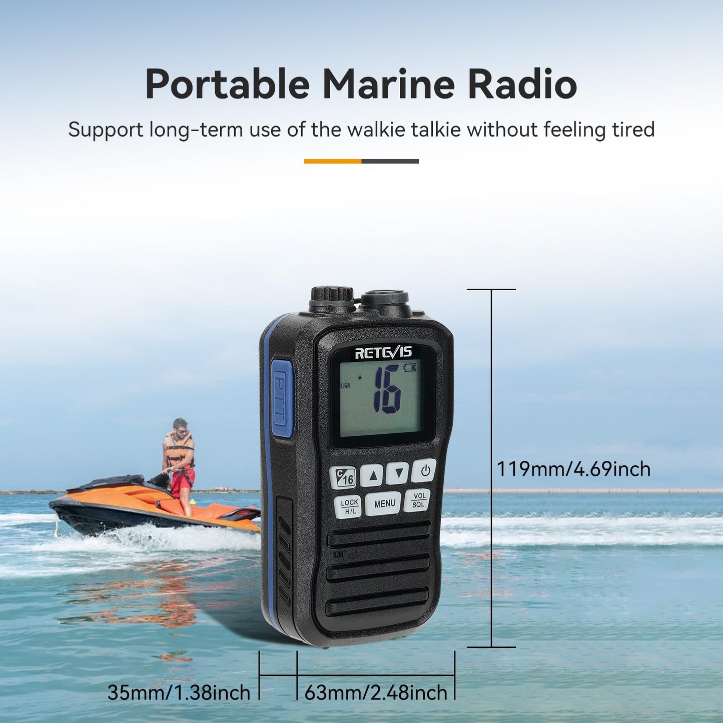 Retevis RM01 VHF Marino Portatil, IP67 Walkie Talkie Impermeable, Vibración Transceptor de Barco Flotante, Radio Marina con Auricular para Barcos, Kayak, Pesca (Negro, 1 Pieza)