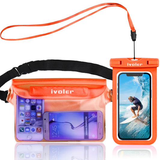 ivoler Set de Bolsa Waterproof con Riñonera Impermeable Bolsa Cintura y Funda Móvil Impermeable para Playa Natación Canotaje Pesca, Protección Teléfono Móvil, Cámara, Documento, Pasaporte, Naranja