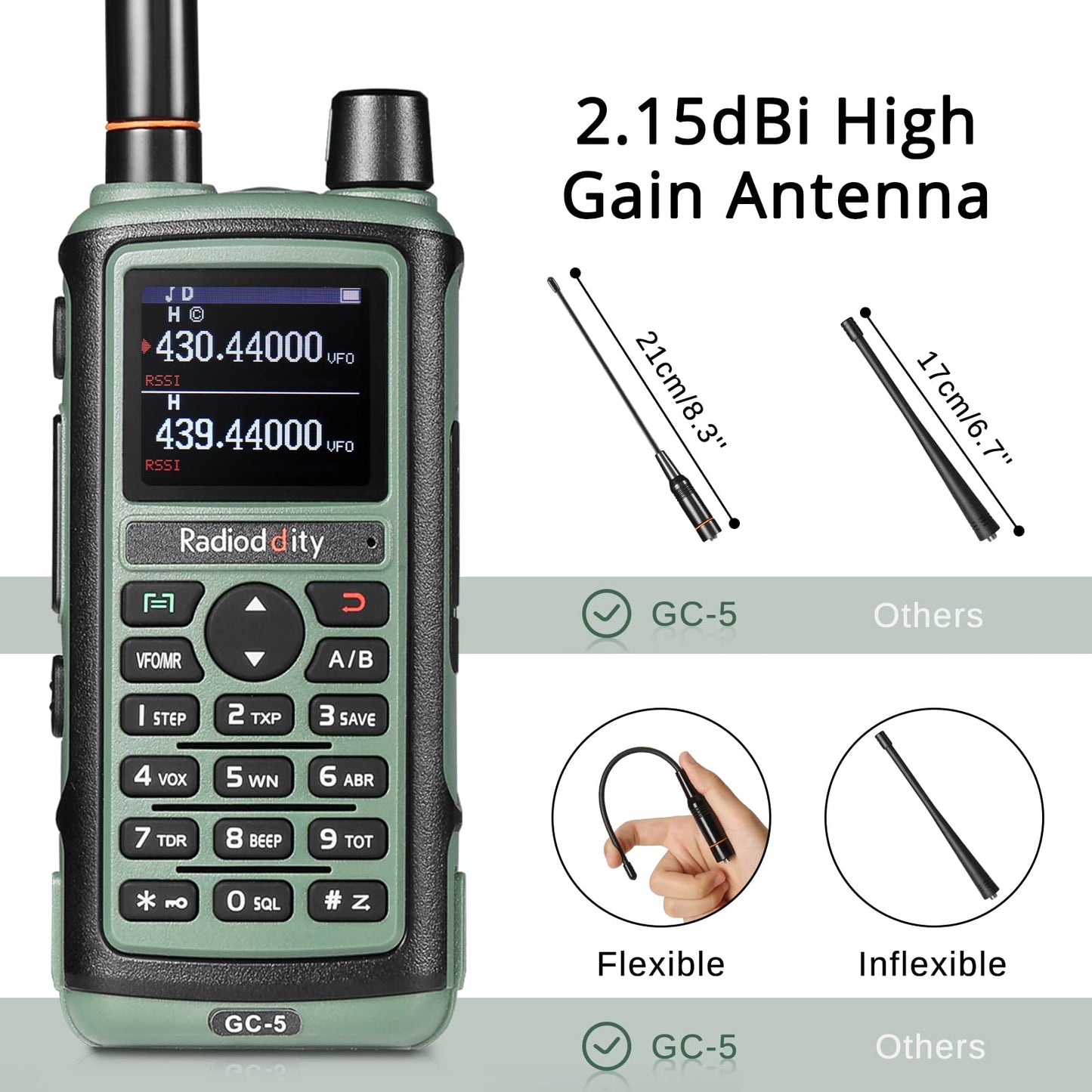 Radioddity GC-5 Radios bidireccionales de Doble Banda, Walkie Talkie portátil de Largo Alcance 144-146/430-440Mhz Radio Licencia requerida con batería de 1800mAh, 999 Canales, DTMF, VOX, para Adultos