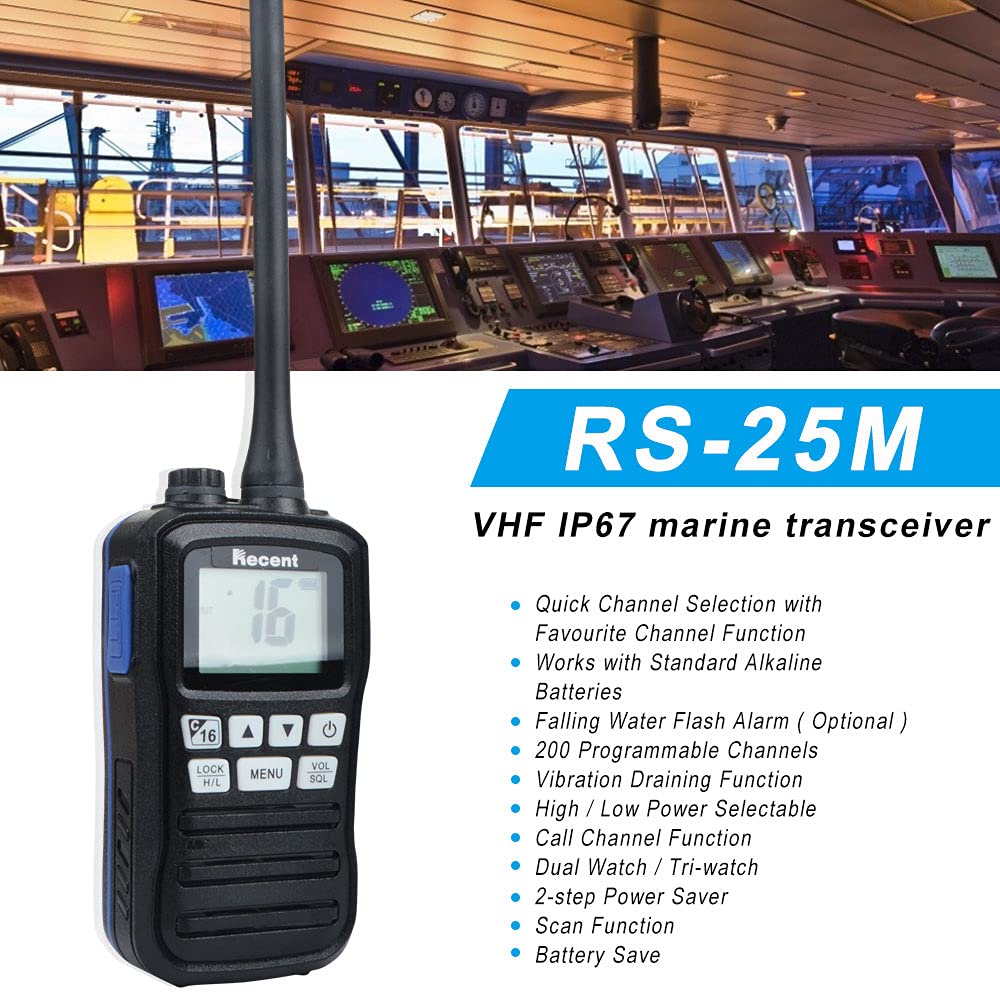 RS-25M VHF Radio marina impermeable IP-X7 156-162MHz banda profesional transceptor marino walkie talkie recargable 16 canales radio de mano bidireccional con cargador de batería para pesca en barco