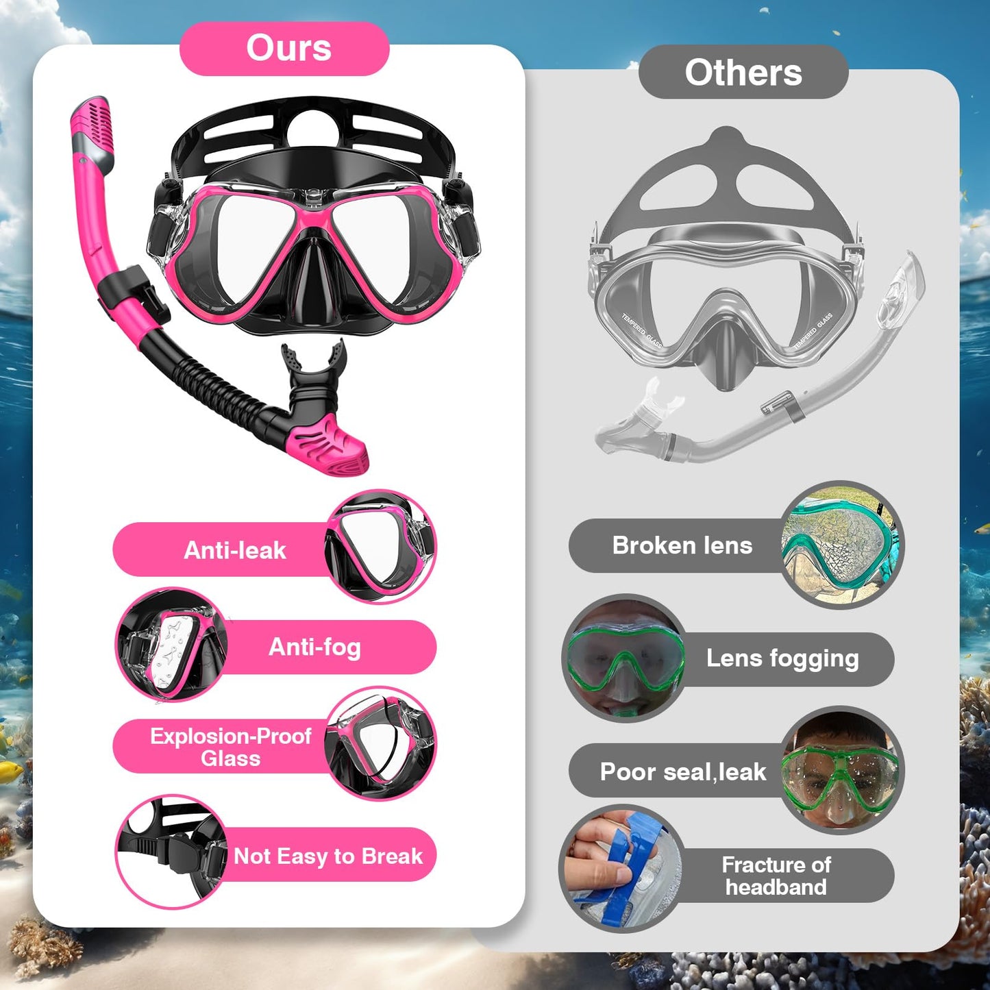 Adicop Snorkel Gafas de Buceo Adulto Máscara de Esnórquel para Adultos Juego de Máscara y Tubo Snorkel de Esnórquel