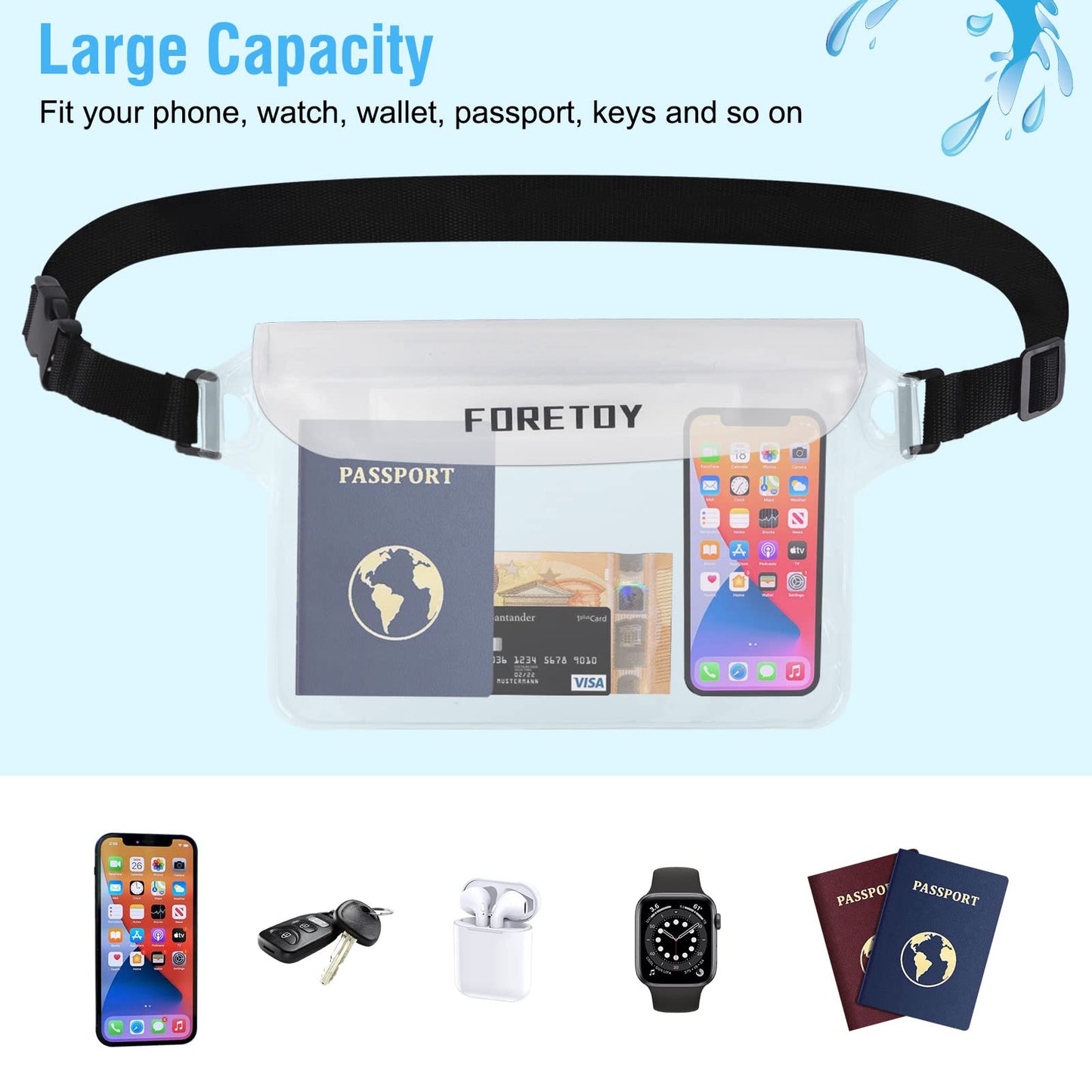 FORETOY Bolsa Impermeable, Riñonera Impermeable al Agua con cinturón Ajustable, Bolsa estanca Impermeable IP68 para Deportes Acuatica, Playa, Natación, Conducción, Kayak, Mar etc