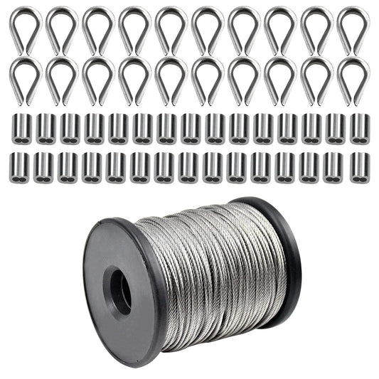 Cozlly Kit de Cuerda Cable de Acero Inoxidable 50m x 1,5mm, con 30pcs Lazos de Engarzado de Aluminio y 20pcs Dedales de Cuerda de Alambre M2, Tensores para Toldos, Cuerda Tendedero Exterior Acero