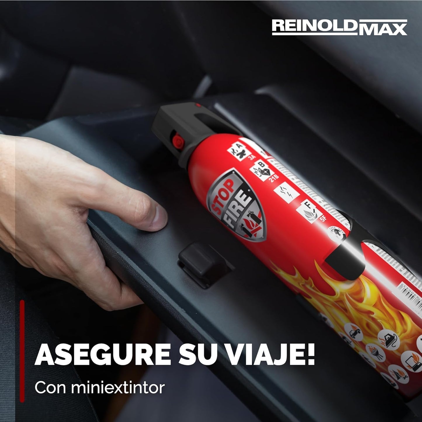 ReinoldMax Pequeño extintor de coche, mini extintor de barco, extintor de caravana, extintor eléctrico, mini extintor de barbacoa, Aerosol 5 en 1 para todos los fuegos, extintor comercial, 750ml