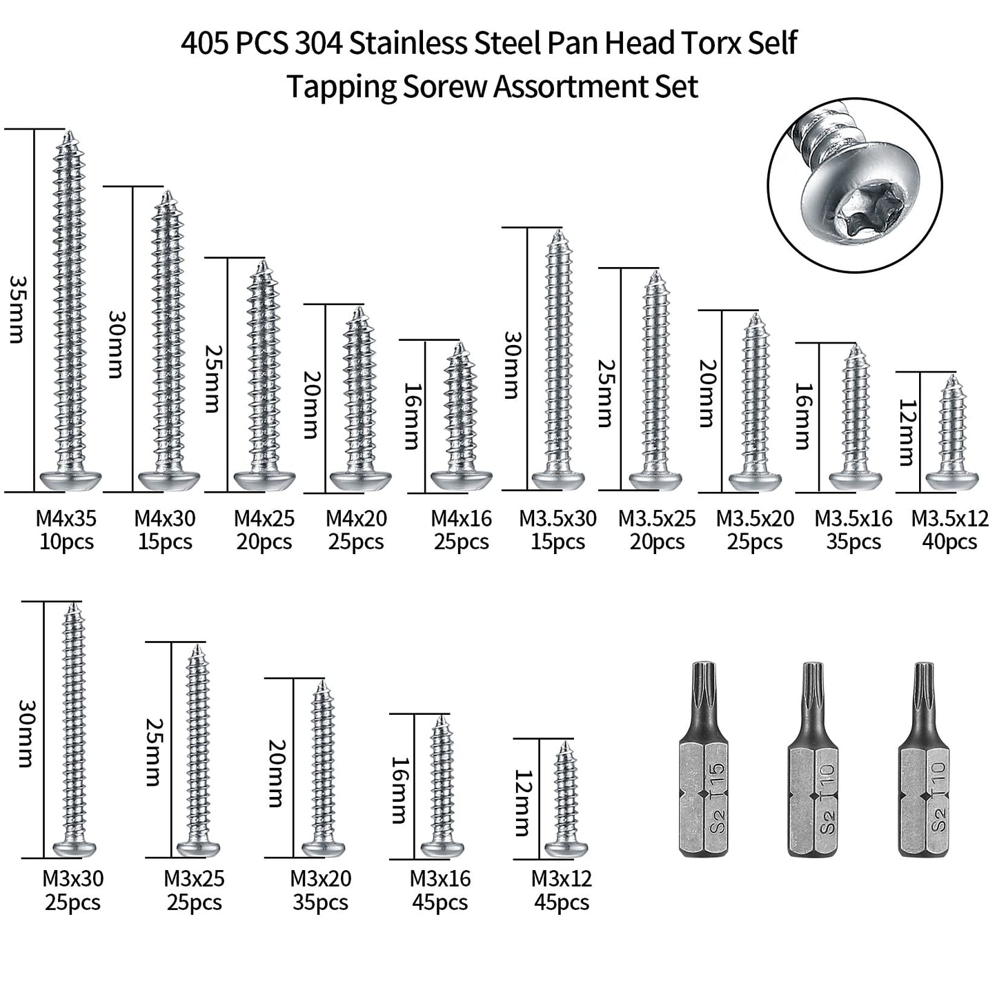 405 Piezas Tornillos de Cabeza Torx, Tornillos de Cabeza Plana Redonda, Tornillos de Madera Autoperforantes, M3/M3.5/M4 Tornillos Autorroscantes de Acero Inoxidable, con 3 x Puntas