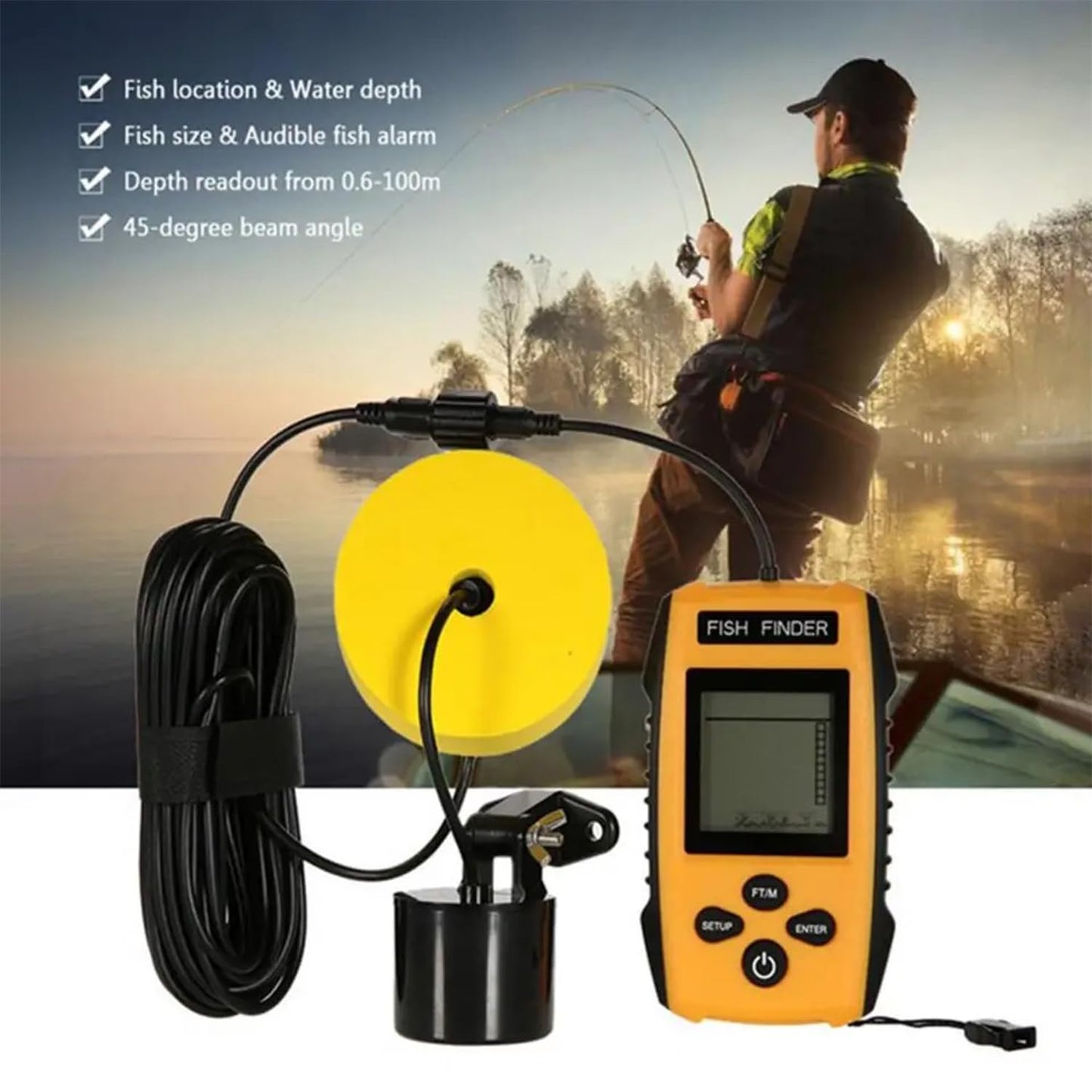 100 m sonar buscadores de peces 45 grados cobertura sonar eco sonda alarma transductor detector de pesca subacuática para pesca en el lago mar