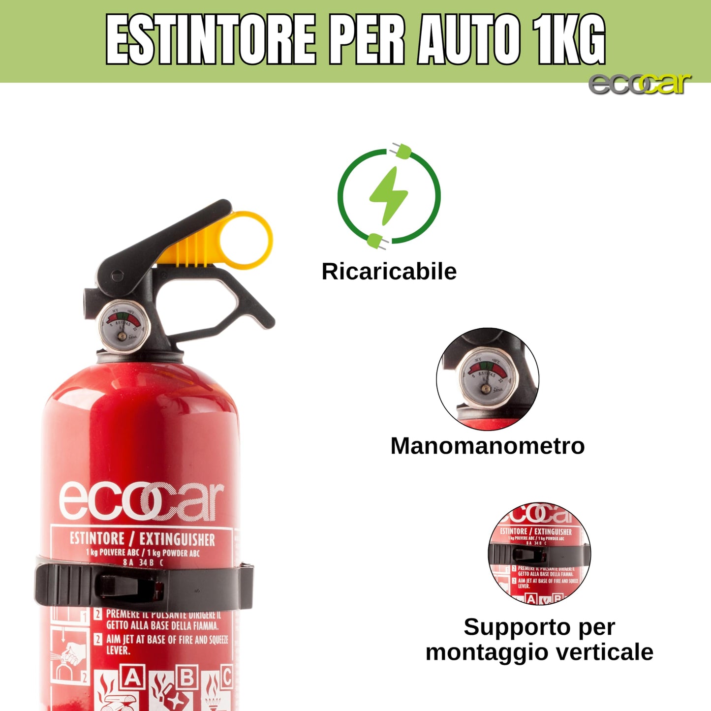 ecocar - Extintor para coche, 2 kg, en polvo, homologado, para casa, trabajo, barco y caravana - con manómetro