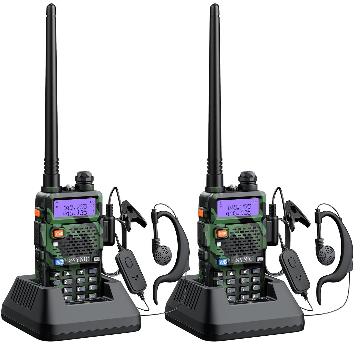 eSynic 2PCS UV-5R Walkie Talkie 128 Canales VOX Banda Dual VHF/UHF con Pantalla LED de Memoria con Explosión Parpadeo de Alarma Soporta VOX para Sitio de Construcción Hotel Adventure