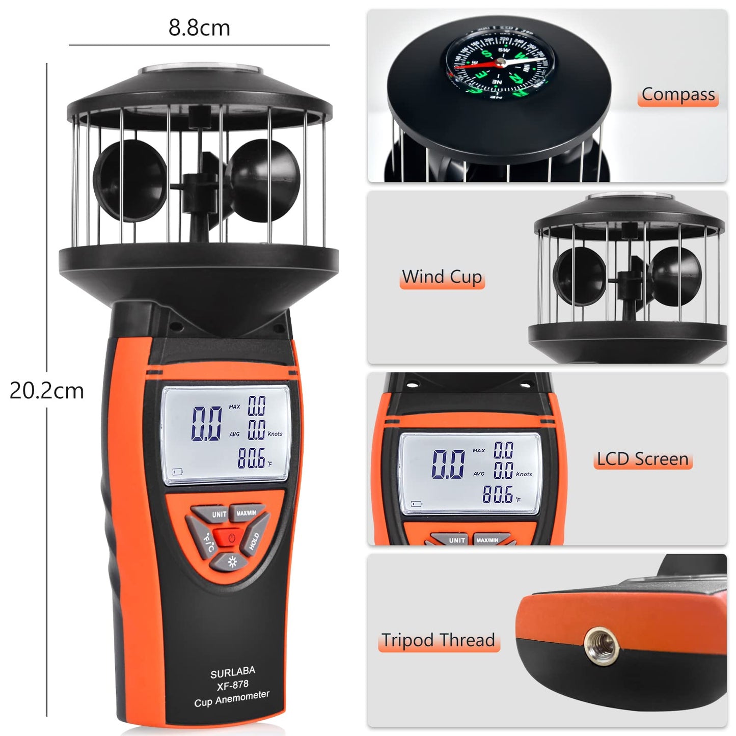 SURLABA Wind Cup Anemómetro para Exterior, XF-878 Digital Medidor de Velocidad Viento Rango Medición 0.7~42m/s, MAX/MIN/AVG Modos & Prueba de Temperatura, Wind Meter con Brújula para Drones Vela Surf