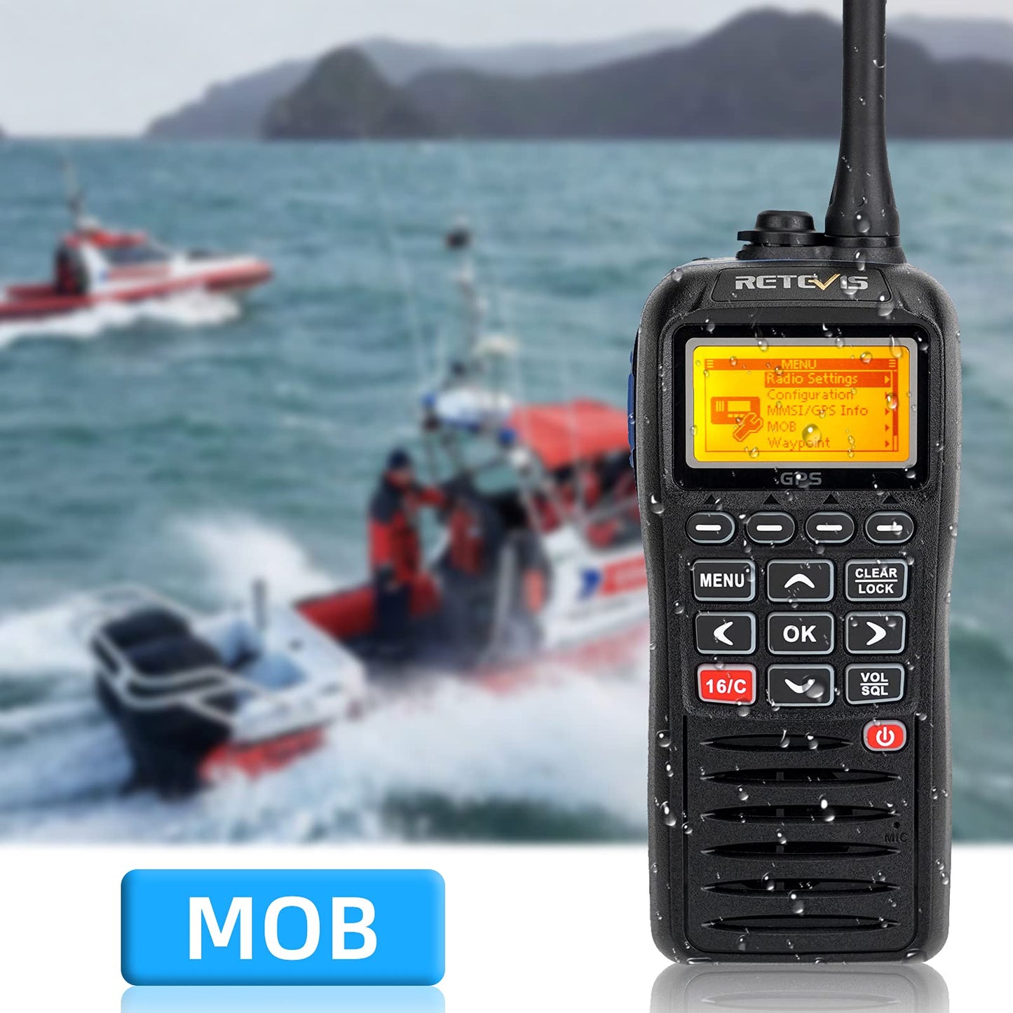 Retevis RM40 Radio VHF Portátil, Radio Marina GPS, IP67 Impermeable, Profesional DSC Radio Marina Portátil, Radio Bidireccional Flotante, Transceptor Marino para Rescate, Guardacostas (Negro,1Pieza)