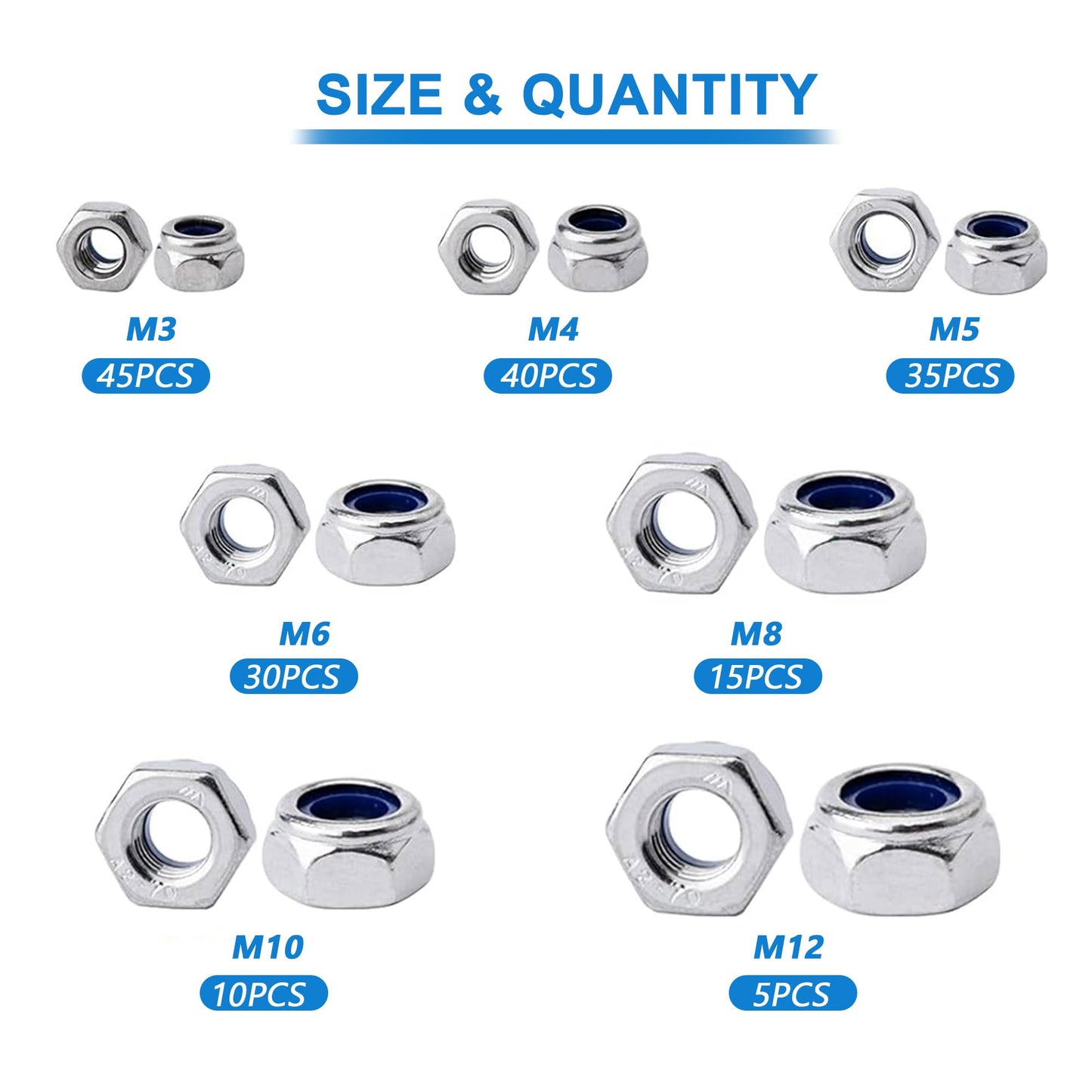 BESTYCHAO 180 piezas 7 tamaños de acero inoxidable Nylon Lock Nuts Surtido Kit, tuercas autoblocantes M3 M4 M5 M6 M8 M10 M12