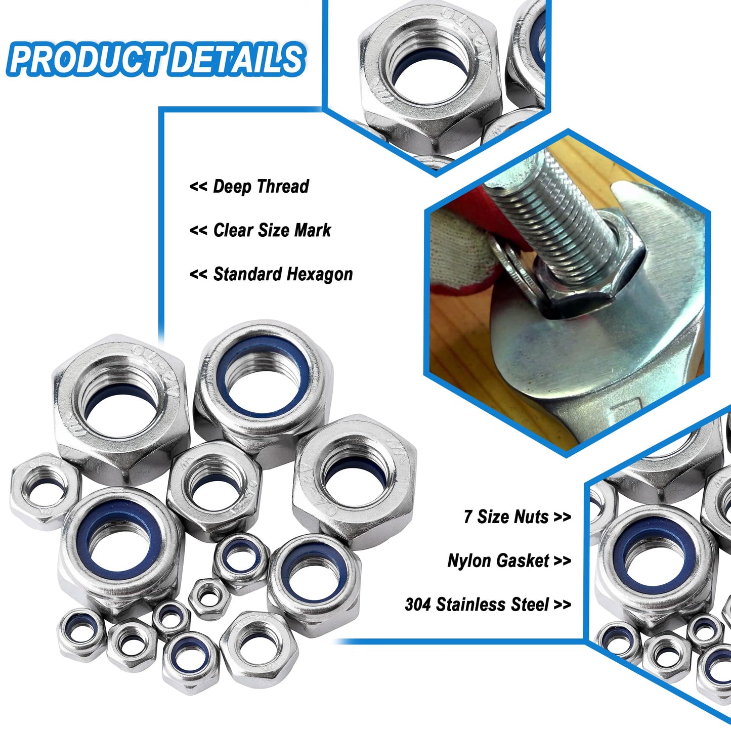 BESTYCHAO 180 piezas 7 tamaños de acero inoxidable Nylon Lock Nuts Surtido Kit, tuercas autoblocantes M3 M4 M5 M6 M8 M10 M12