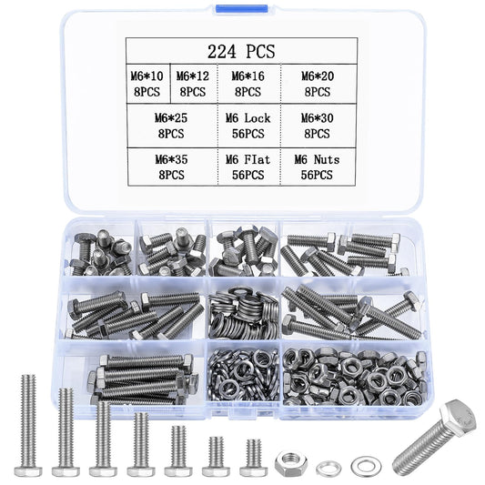 224 Pcs M6 Juego de Tornillos y Tuercas y Arandelas, Tornillos con Cabeza Hexagonales, Pernos Tornillos de Cabeza Hexagonales y Tuercas, Tornilleria Tornillos de Hexágono, Tornillo Hexagonal Inox