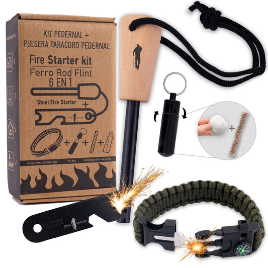 John Lossag Kit Pedernal Supervivencia Profesional con Pulsera Paracord Mini Pedernal Ferrocerio Multiusos Regla