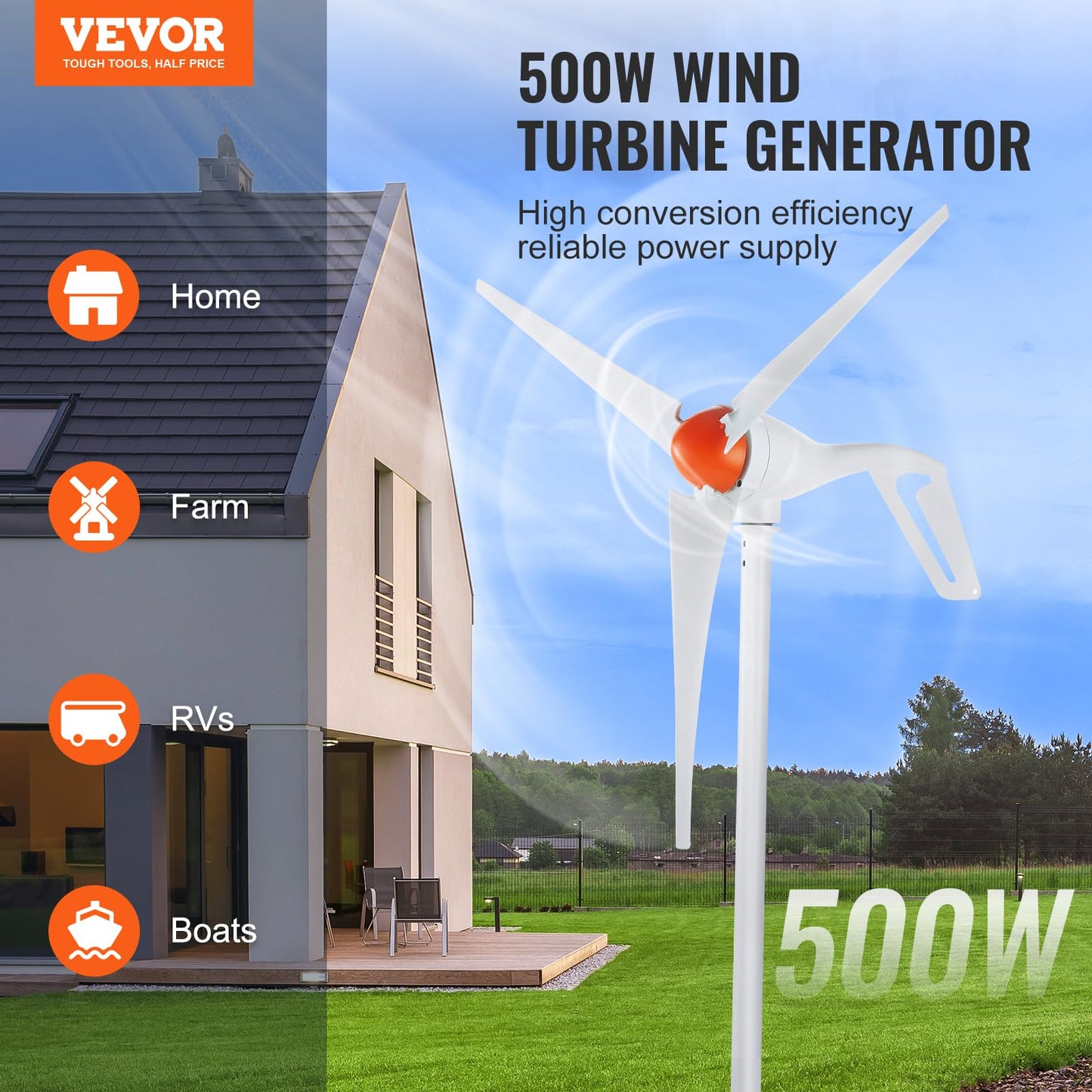 VEVOR Kit de Generador de Turbina Eólica 500 W 24 V 3 Palas Controlador MPPT Dirección del Viento Ajustable Velocidad de Arranque del Viento 2,5 m/s para Hogar, Granja, Vehículos Recreativos, Barcos