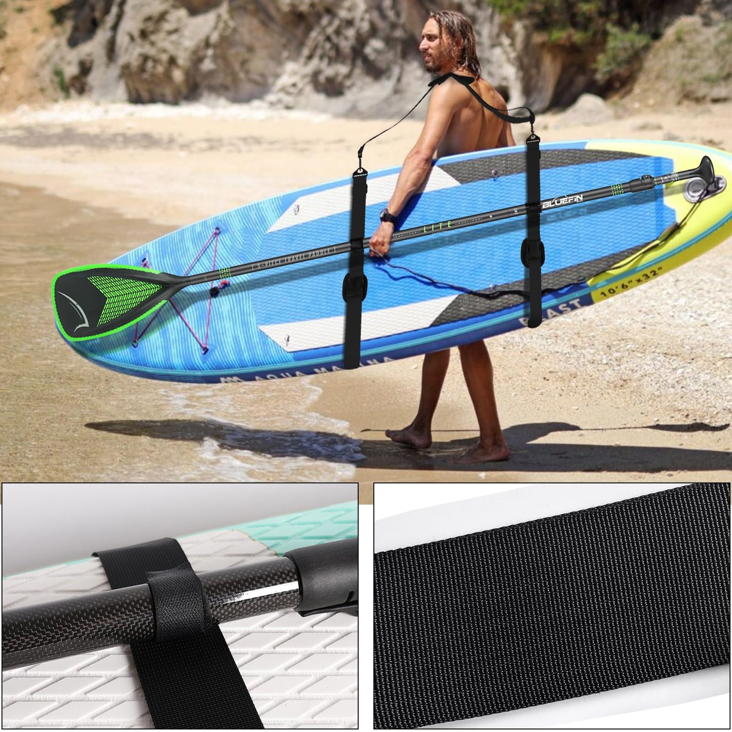 Senbaler Correa Ajustable Transporte Sup Kayak,Portátil de Pie,Tabla de Surf, Canoa,Reforzado Actualización (Negro)