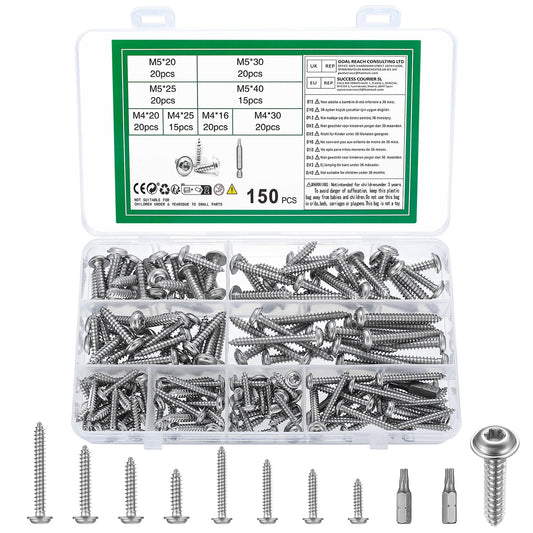 150 Piezas M4 M5 Tornillos Torx, Tornillos Autorroscantes Torx, Tornillos para Madera, Tornillos de Cabeza Plana Autoperforantes Acero Inox, Tornillos de Cabeza Alomada Oblea para Pladur Metálica