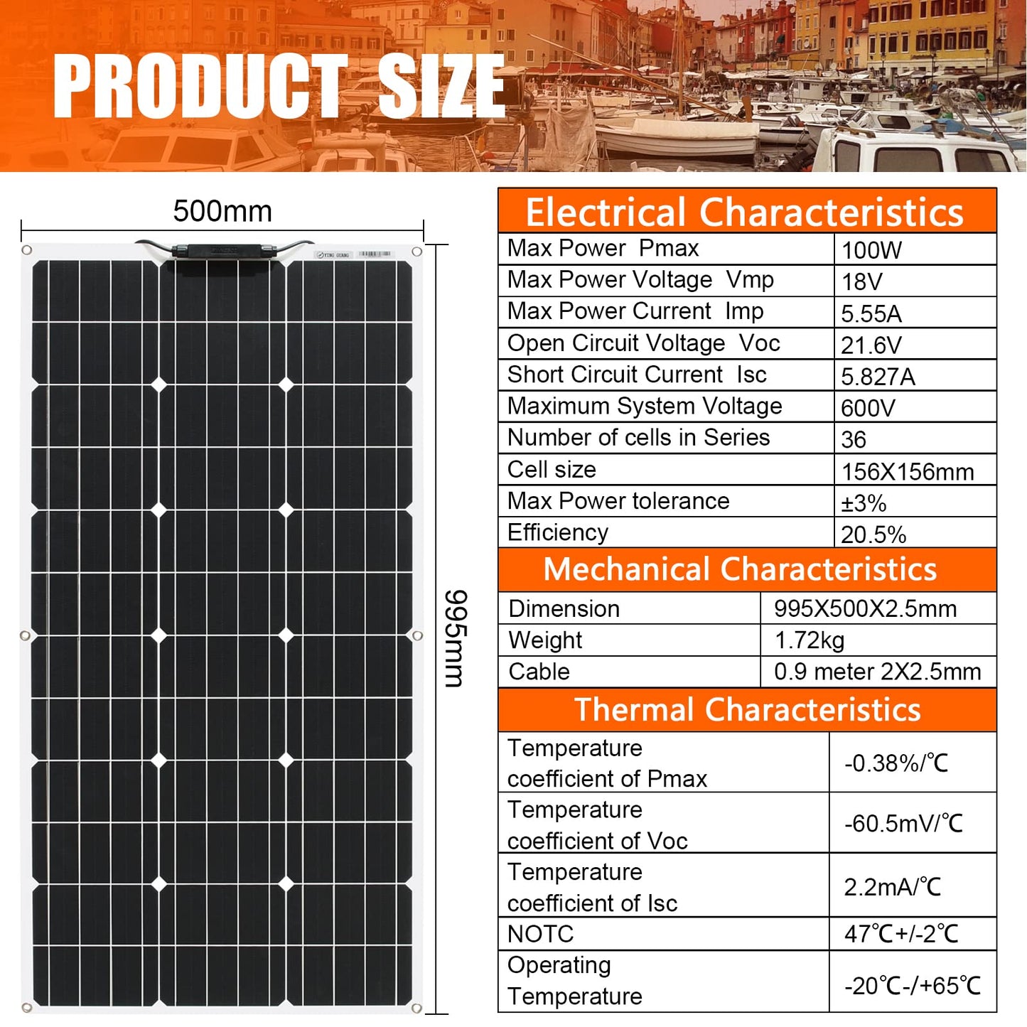 100W Flexible Solar Panel Kit Sistema 18V Monocristalino Fotovoltaico Módulo Solar Controlador 18V 10A, para cargar baterías de 12V: vehículos recreativos, caravanas, barcos, techos