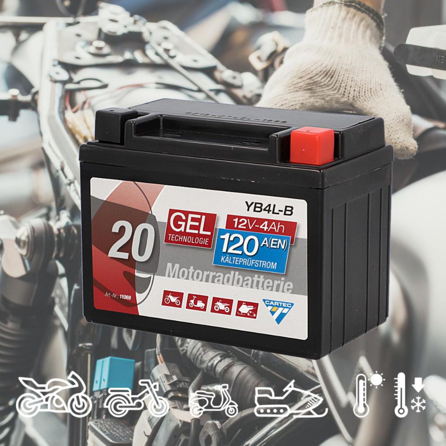 Batería de motocicleta Cartec YB4L-B 4Ah 56A Batería de tecnología de gel Calidad OEM Almacenamiento a prueba de ciclos Sin mantenimiento