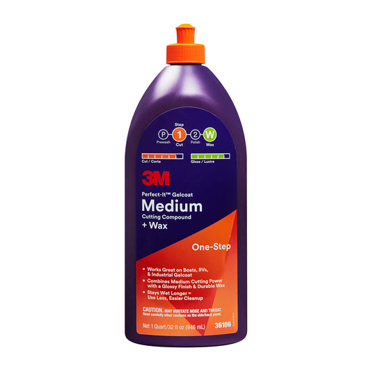 3M Perfect-It Gelcoat - Compuesto de corte mediano + cera, 36106, 1 cuarto de galón, proceso de un solo paso, P1500 y arañazos más finos, removedor de oxidación de fibra de vidrio para barcos y