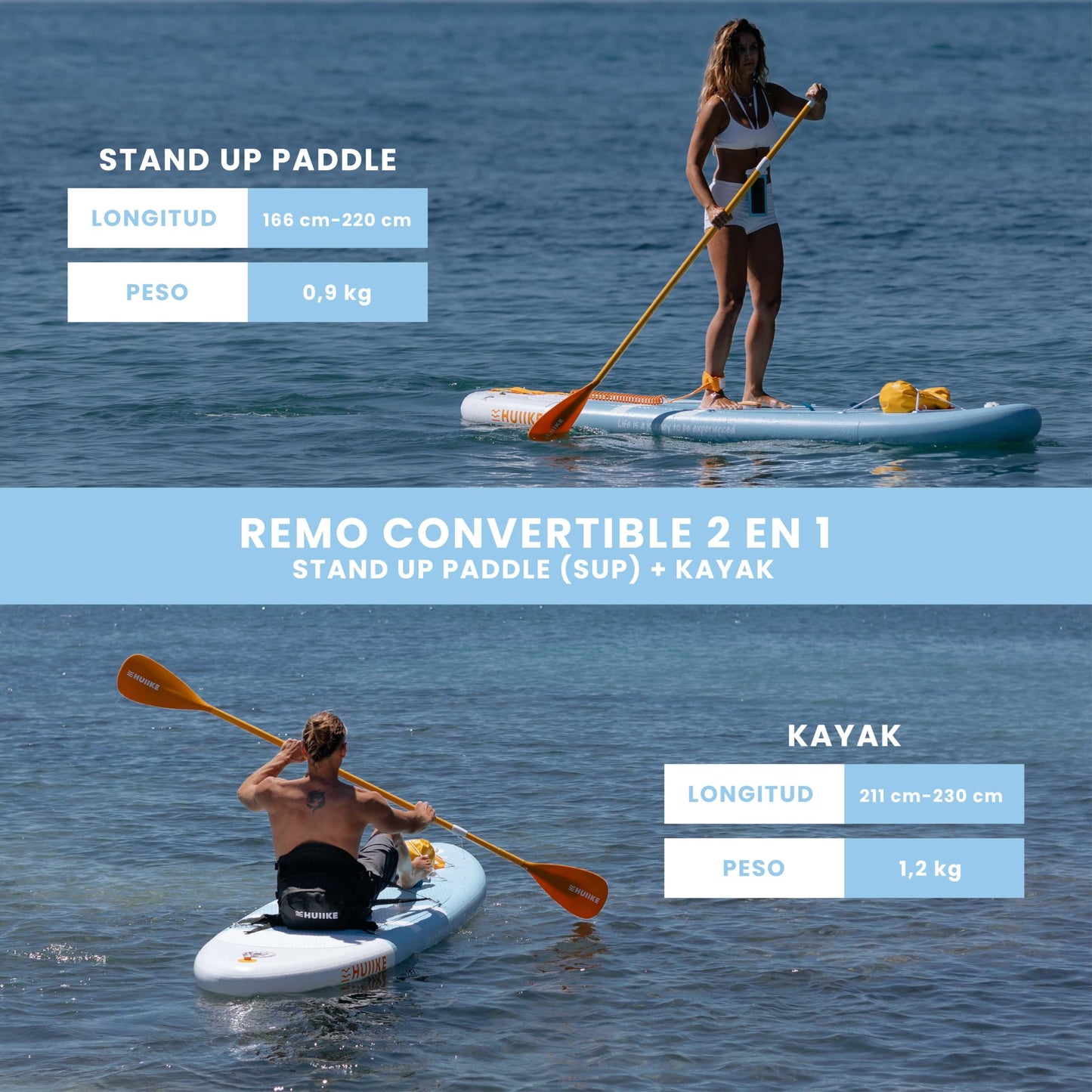 HUIIKE Remo Paddle Surf 2 en 1 de Aluminio Remo Doble Paddle Surf 4 Piezas Desmontable para Tabla Paddle Surf Hinchable | Pala Paddle Surf Ajustable Fácil Transporte, Remo Kayak Paddle Surf