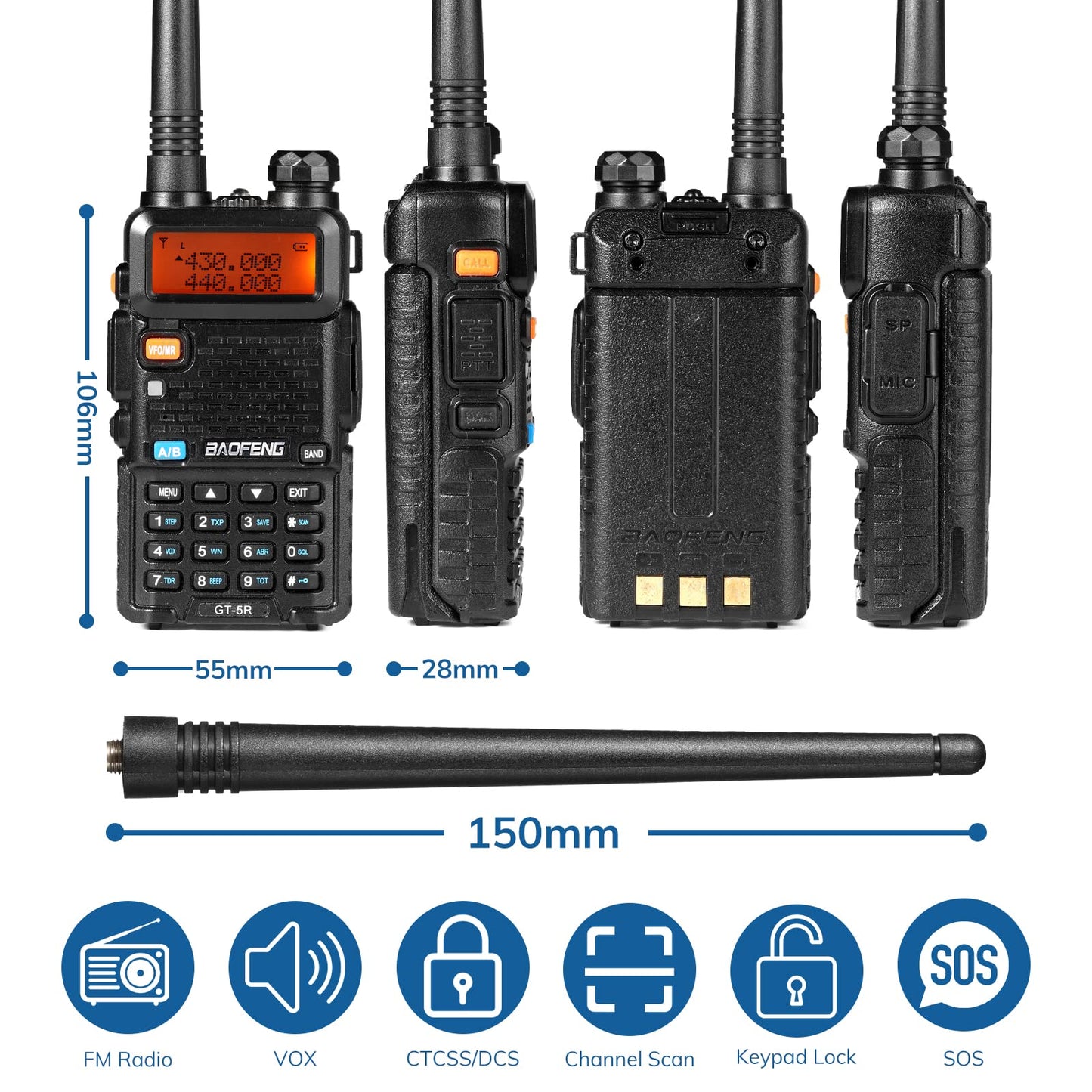 BAOFENG GT-5R Walkie Talkie actualizado Radio Bidireccional UHF VHF de Doble Banda Radio Amateur portátil de Largo Alcance con 144-146/430-440 MHz, 128 Canales, batería de 1800 mAh, Soporte Chirp