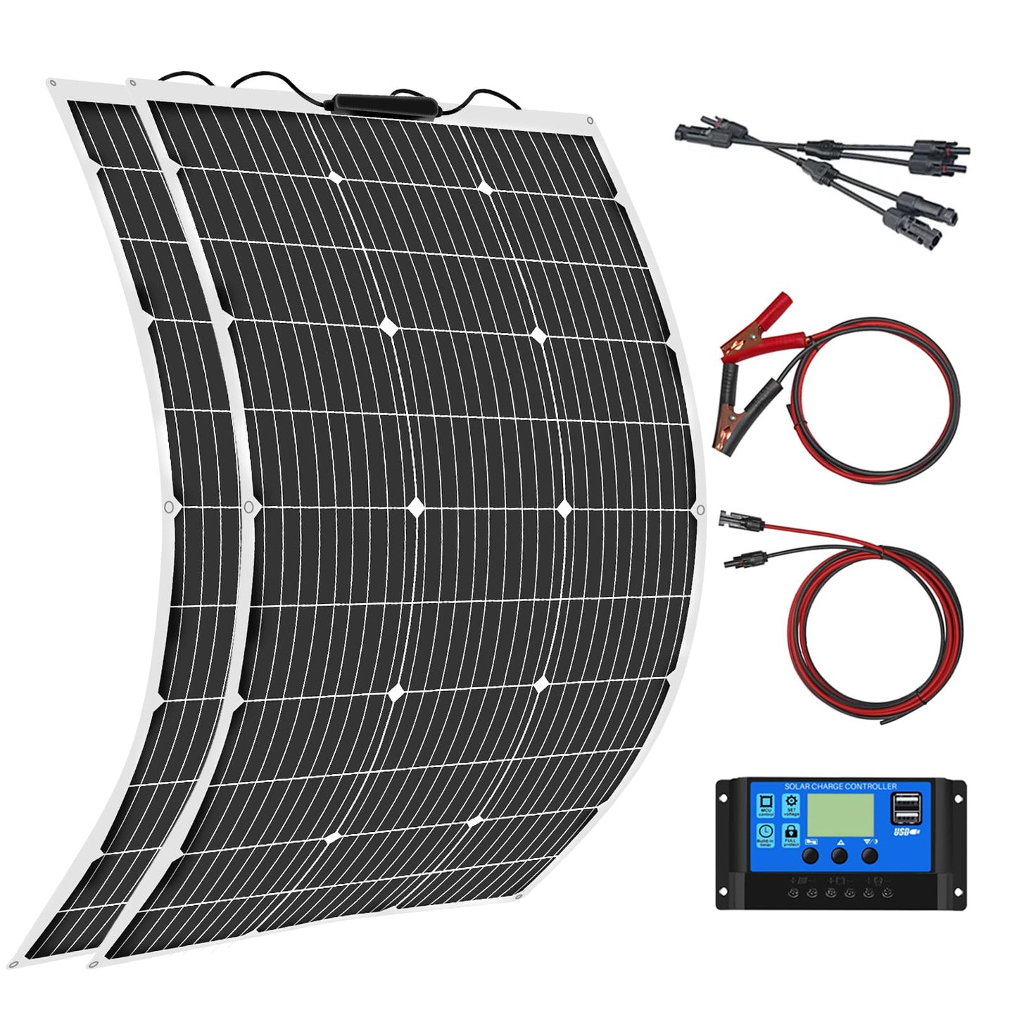 Aysolar 200W 12V Kit Panel Solar Flexible 2x100W 18V Placa Solar y 20A Controlador de Cargador para Baterías 12V/24V, Autocaravana, Caravana,Barco, Yate, Automóvil