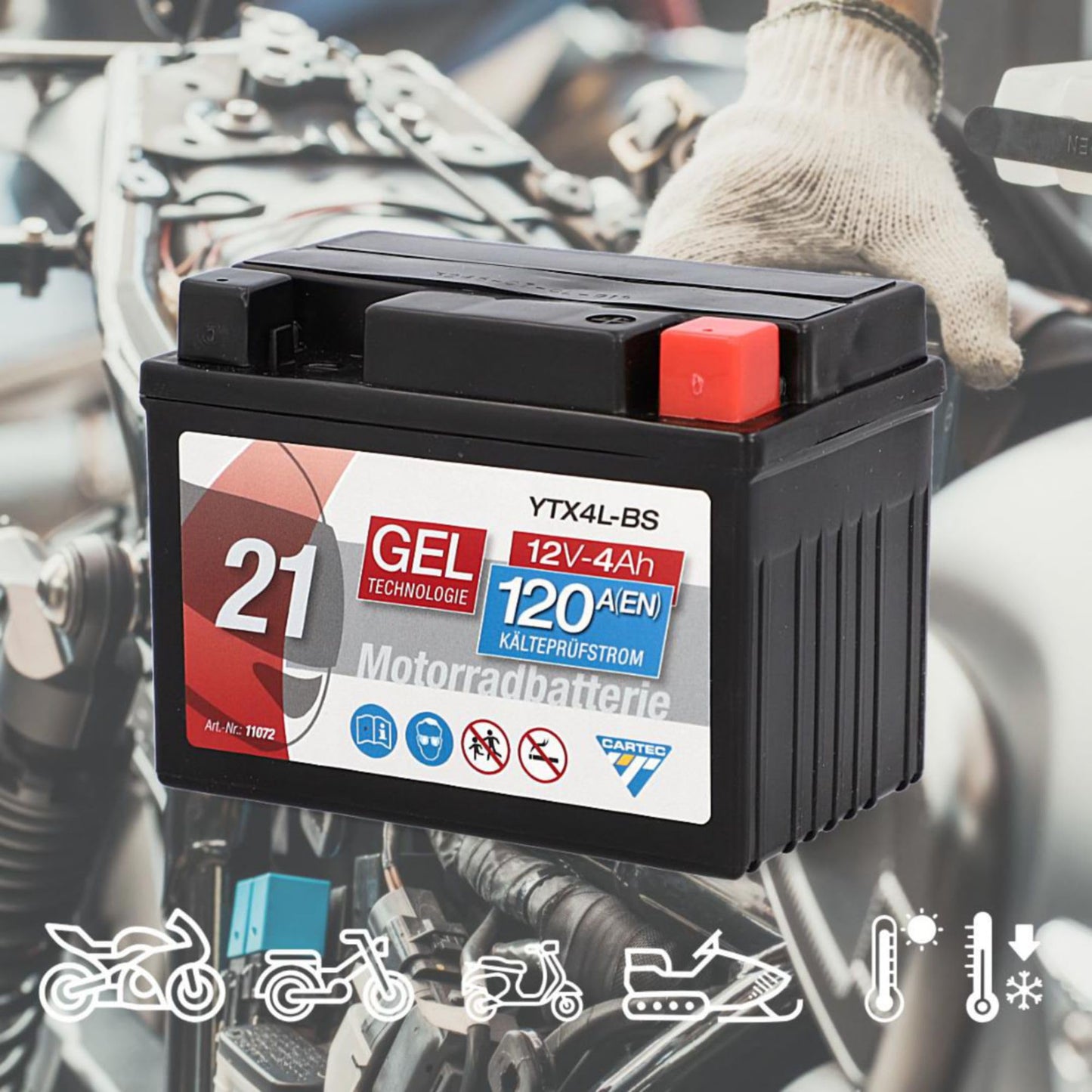 CARTEC YTX4L-BS - Batería para motocicleta, 4 Ah, 120 A, tecnología de gel, calidad original, resistente al ciclo, almacenable, sin mantenimiento, color negro