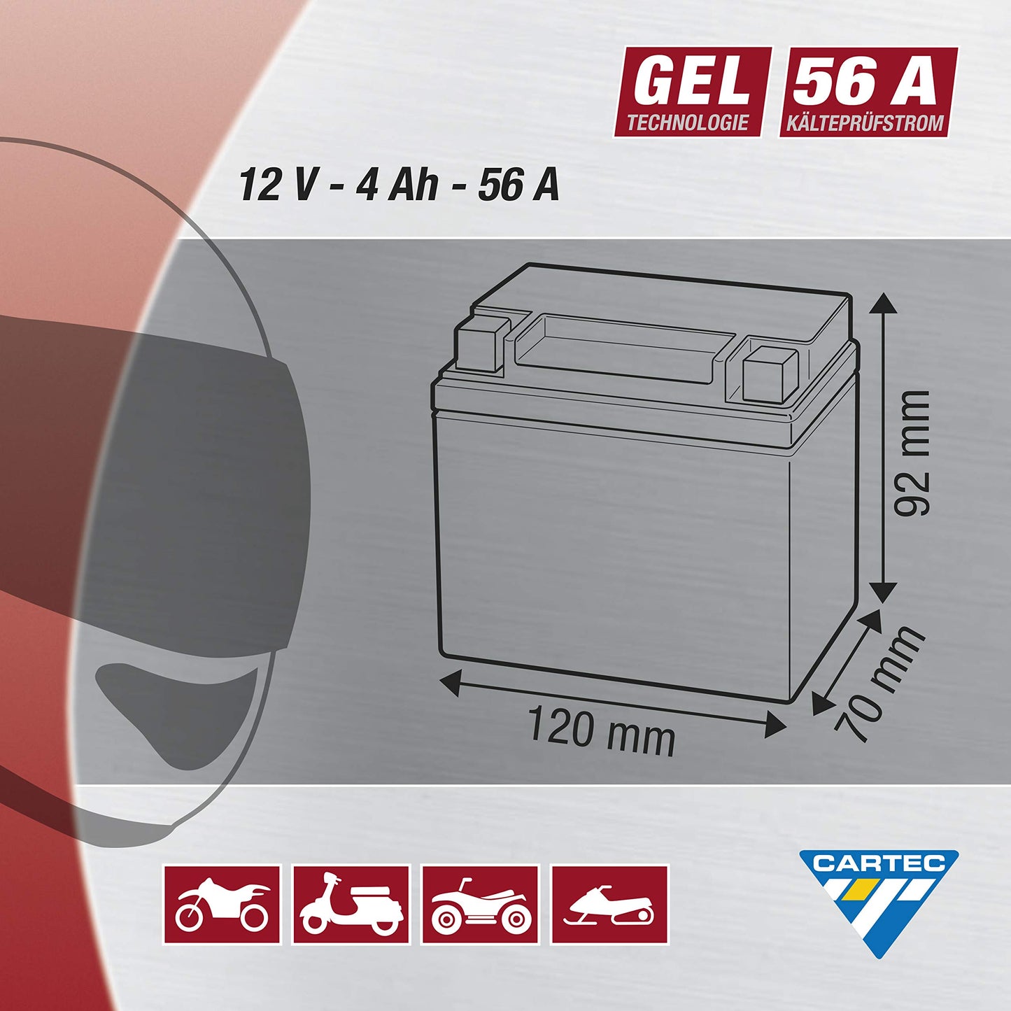 Batería de motocicleta Cartec YB4L-B 4Ah 56A Batería de tecnología de gel Calidad OEM Almacenamiento a prueba de ciclos Sin mantenimiento