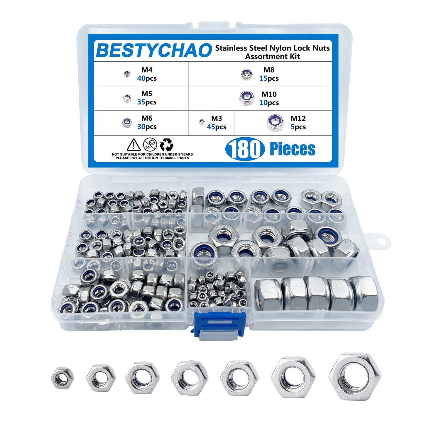 BESTYCHAO 180 piezas 7 tamaños de acero inoxidable Nylon Lock Nuts Surtido Kit, tuercas autoblocantes M3 M4 M5 M6 M8 M10 M12