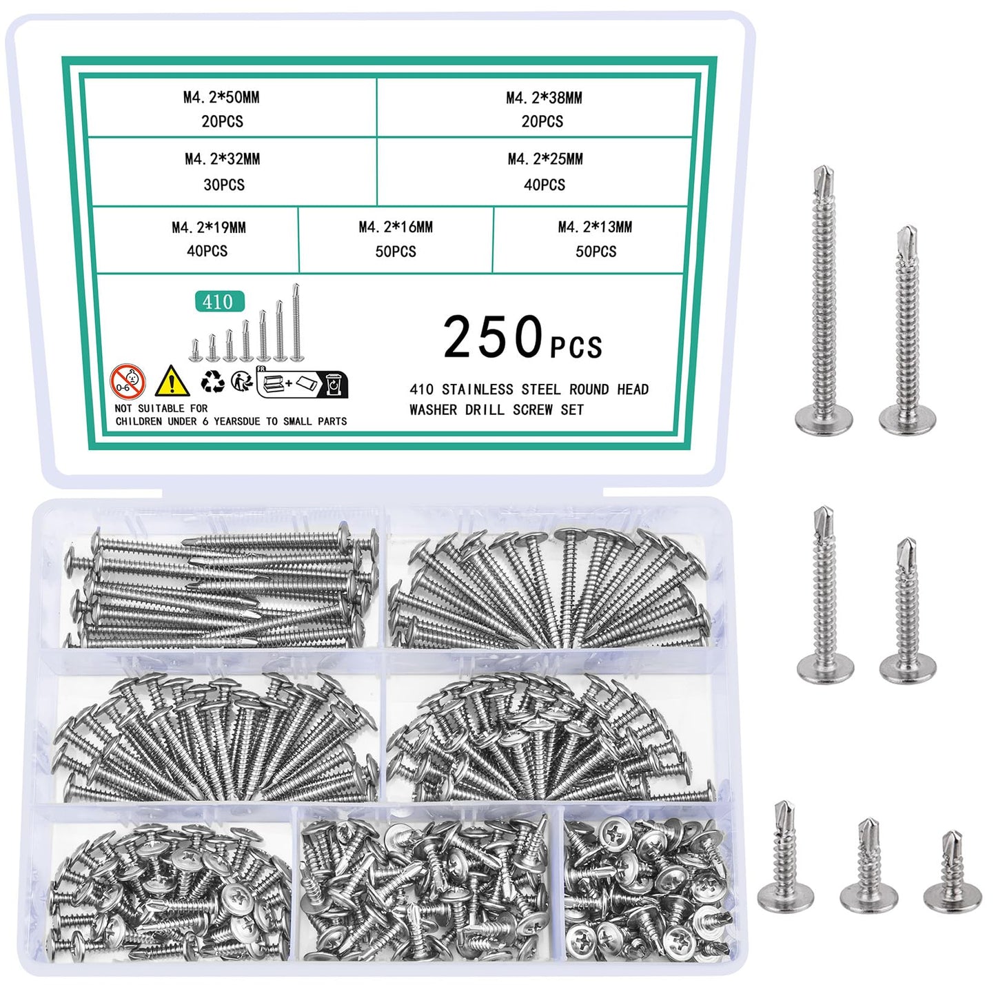 250 Piezas M4.2 Tornillos Autoperforantes Metal, Tornillos Autorroscantes, Tornillos de Cruz Cabeza Plana, Viti Autoforanti a Testa a Croce in Acciaio Inox, Viti per Cartongesso Lamiera Plastica