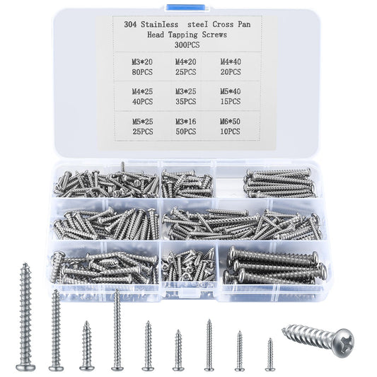 300 Piezas Tornillos Autorroscantes, Tornillos Autoperforantes de Cabeza Cruzada, Tornillos de Madera Cabeza Redonda de Acero Inoxidable para Metal Madera - M3, M4, M5, M6