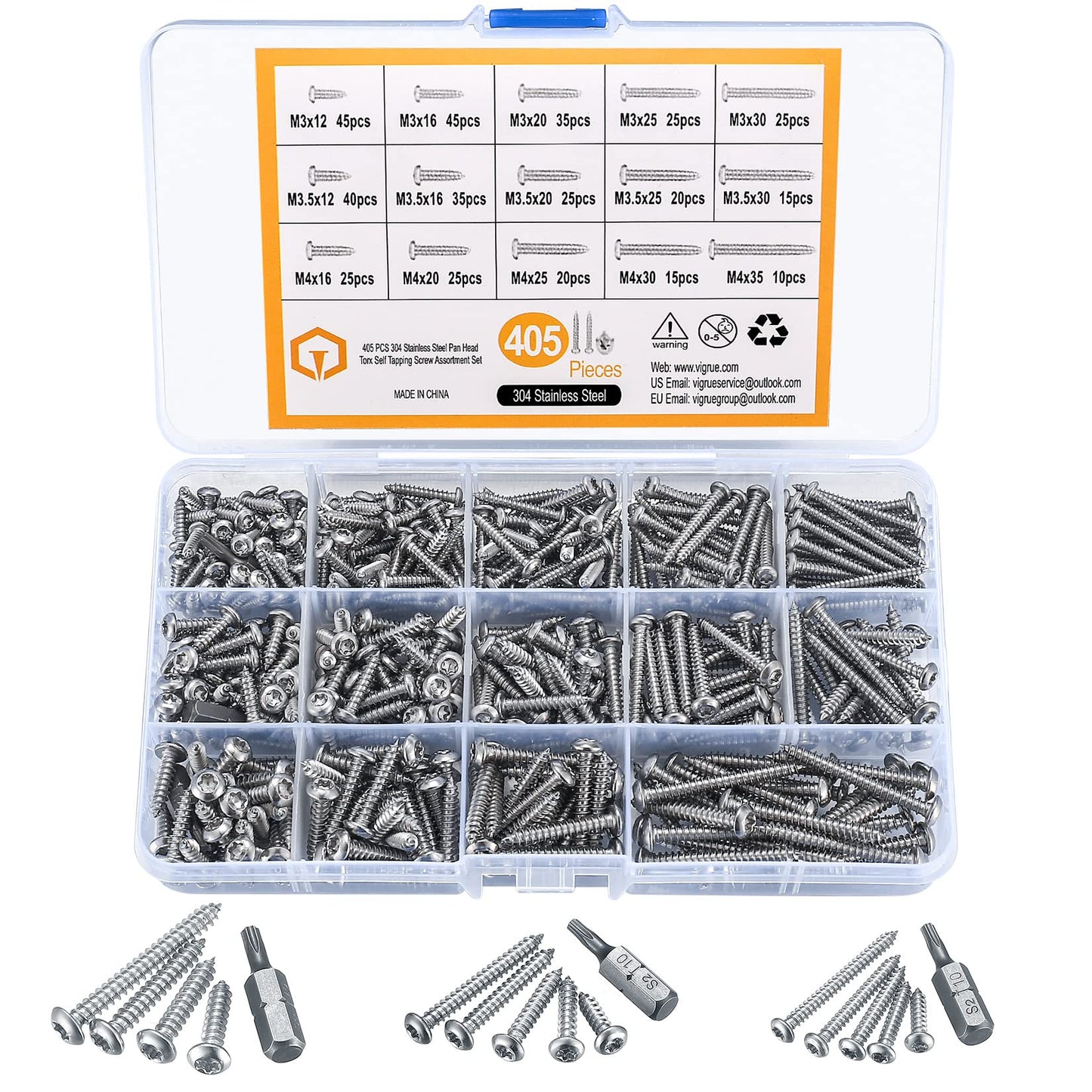 405 Piezas Tornillos de Cabeza Torx, Tornillos de Cabeza Plana Redonda, Tornillos de Madera Autoperforantes, M3/M3.5/M4 Tornillos Autorroscantes de Acero Inoxidable, con 3 x Puntas