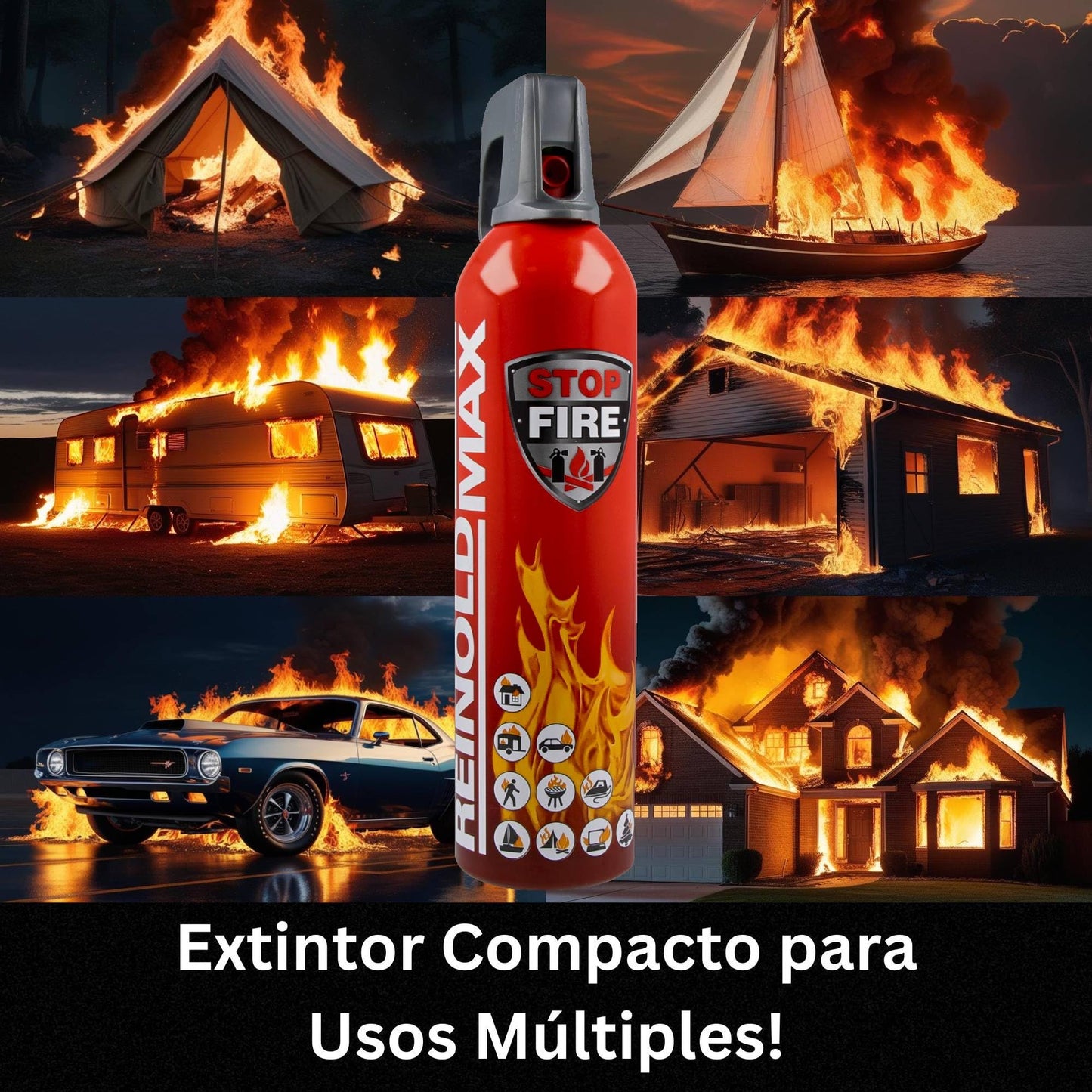 ReinoldMax Pequeño extintor de coche, mini extintor de barco, extintor de caravana, extintor eléctrico, mini extintor de barbacoa, Aerosol 5 en 1 para todos los fuegos, extintor comercial, 750ml