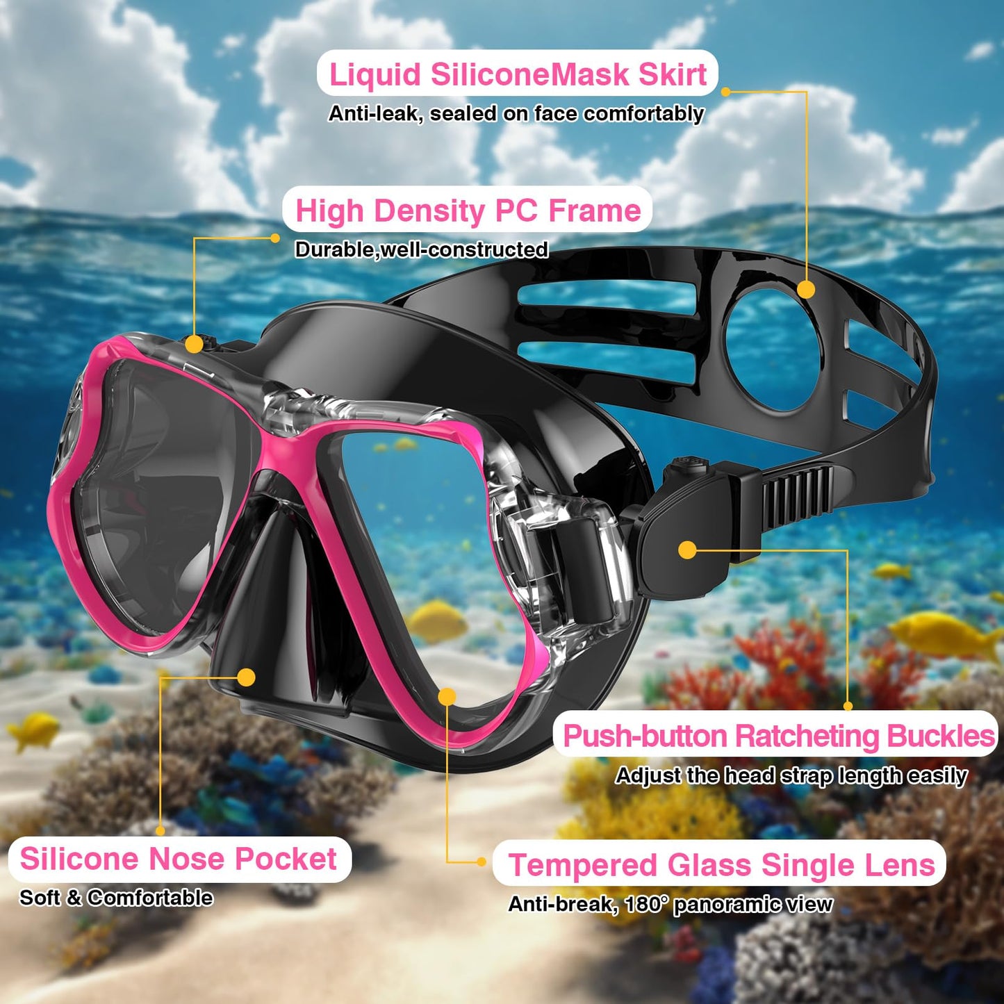 Adicop Snorkel Gafas de Buceo Adulto Máscara de Esnórquel para Adultos Juego de Máscara y Tubo Snorkel de Esnórquel