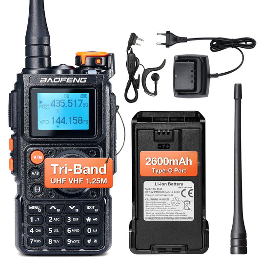 BAOFENG K6 Tres Bandas Walkie Talkie, Radio Amateur 6 W, Multibanda UHF/VHF/FM/Air, batería de 2600 mAh, Carga USB-C, 999 Canales, Copia de frecuencia inalámbrica, frecuencia de repetidor inverso