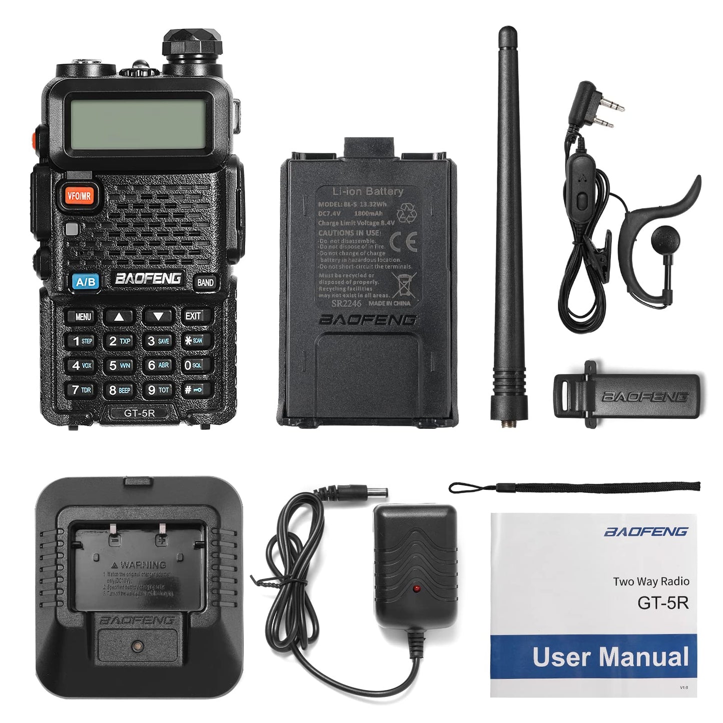 BAOFENG GT-5R Walkie Talkie actualizado Radio Bidireccional UHF VHF de Doble Banda Radio Amateur portátil de Largo Alcance con 144-146/430-440 MHz, 128 Canales, batería de 1800 mAh, Soporte Chirp