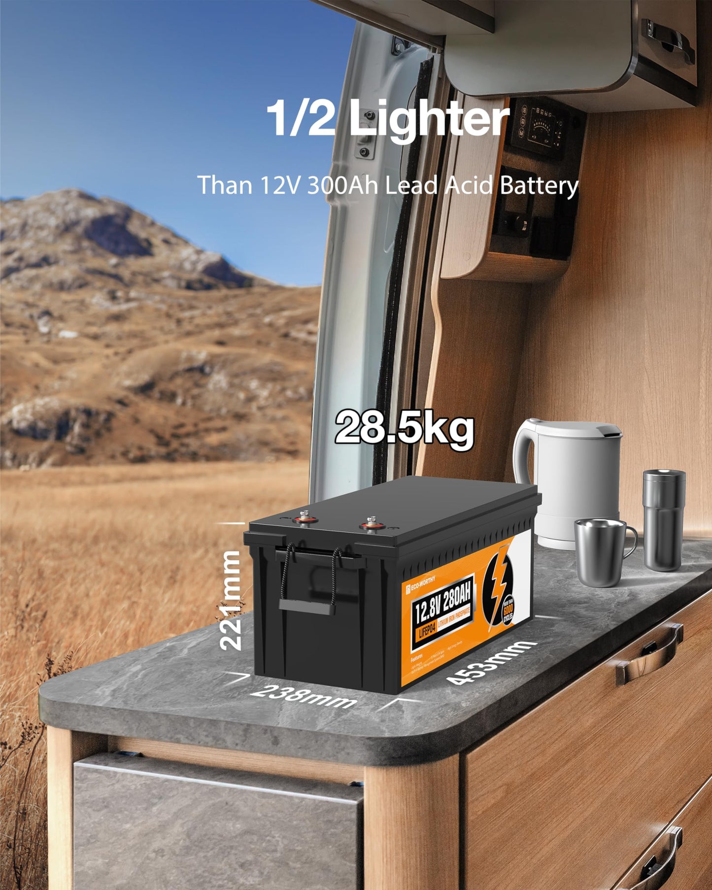 ECO-WORTHY Bateria Litio 12V 280Ah Bluetooth, Lifepo4 280Ah con BMS Protección de Baja Temperatura y MAX. 15000 Ciclos,3584Wh Batería de Coche para Autocaravana,Barco,Placa Solar,Caravana