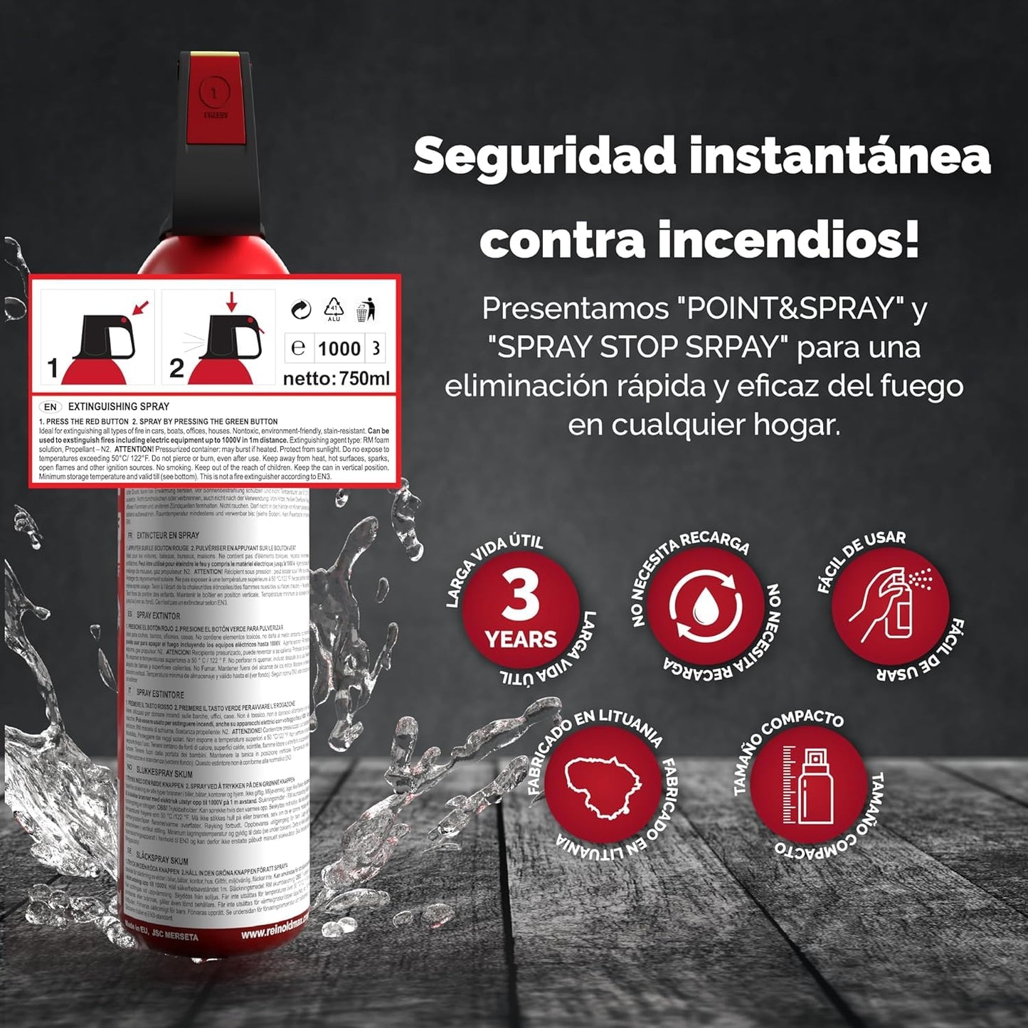 ReinoldMax Pequeño extintor de coche, mini extintor de barco, extintor de caravana, extintor eléctrico, mini extintor de barbacoa, Aerosol 5 en 1 para todos los fuegos, extintor comercial, 750ml