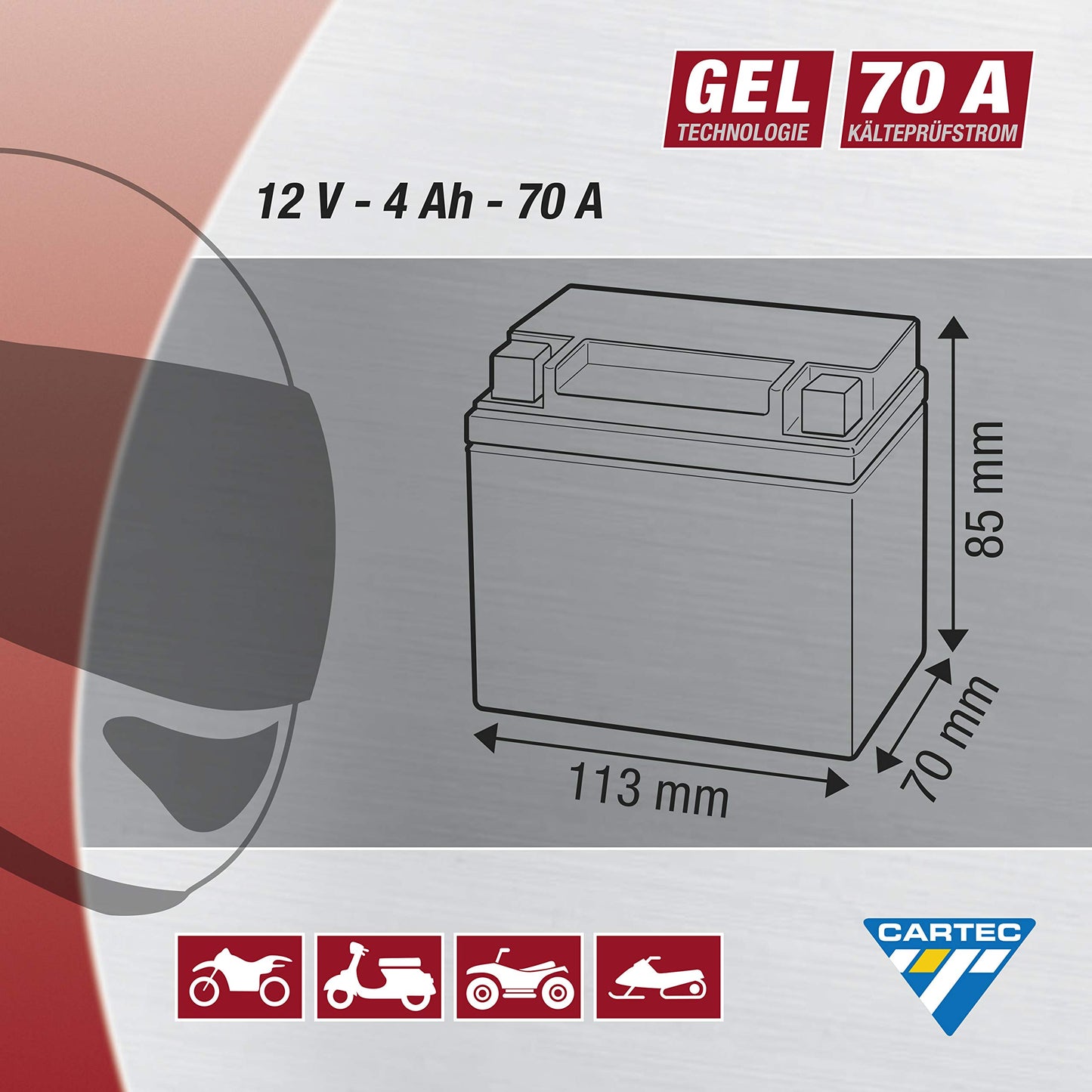 CARTEC YTX4L-BS - Batería para motocicleta, 4 Ah, 120 A, tecnología de gel, calidad original, resistente al ciclo, almacenable, sin mantenimiento, color negro