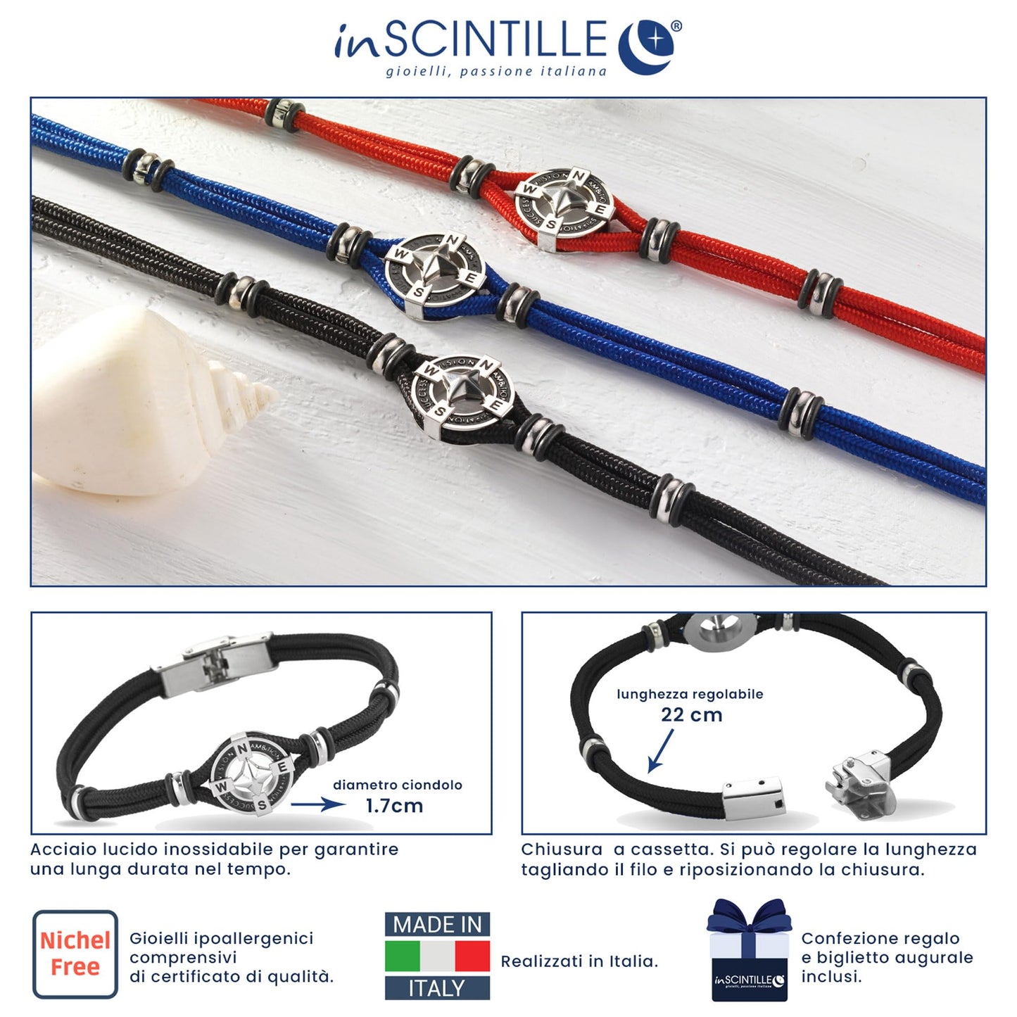 inSCINTILLE Moda Náutica Pulsera de Acero Inoxidable para Hombre con Símbolos Náuticos Longitud Ajustable con Caja de Regalo Incluida (Rosa de los vientos - Negro)