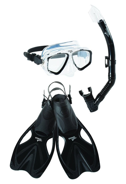 Speedo Adventure Mask Snorkel Fin Set, Black/Black, Large/X-Large