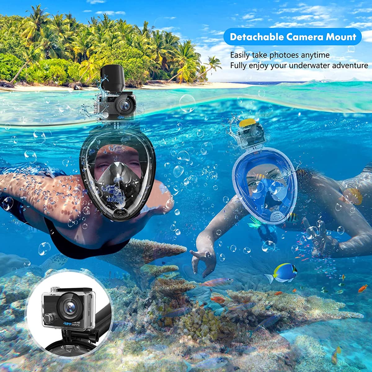 Wsobue Máscara de Buceo, Gafas Snorkel 180° Panorámica Vista Anti-Niebla Apoyo Camara Deportiva, Anti-Fugas Máscara de Snorkel para Adultos y niños (Negro)