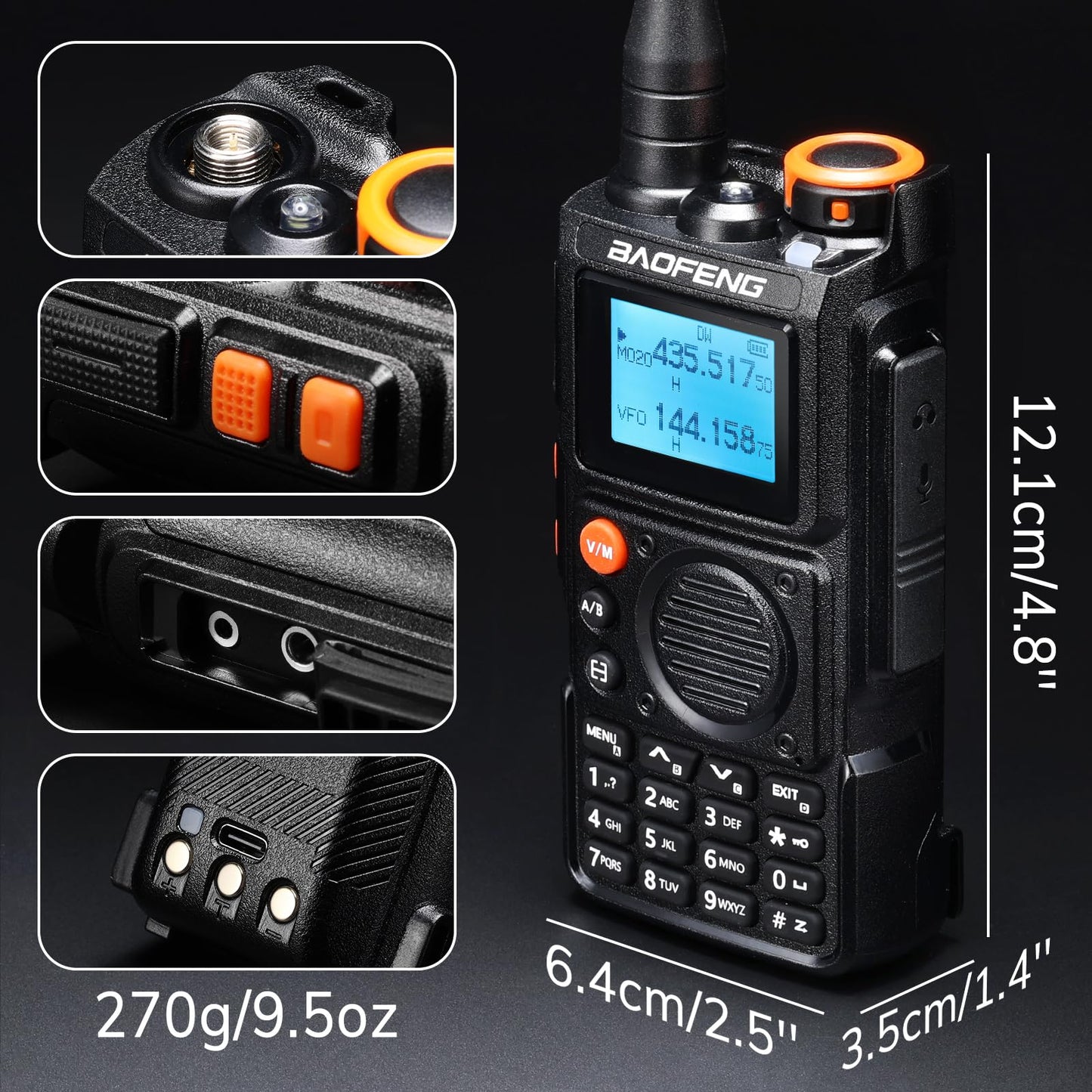 BAOFENG K6 Tres Bandas Walkie Talkie, Radio Amateur 6 W, Multibanda UHF/VHF/FM/Air, batería de 2600 mAh, Carga USB-C, 999 Canales, Copia de frecuencia inalámbrica, frecuencia de repetidor inverso